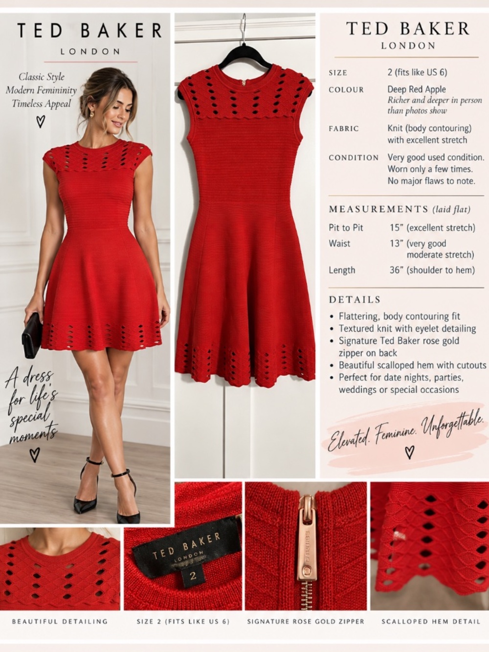 Ted Baker Deep Red Apple Knit Fit & Flare Dress • Size 2 (fits US size 4-6)